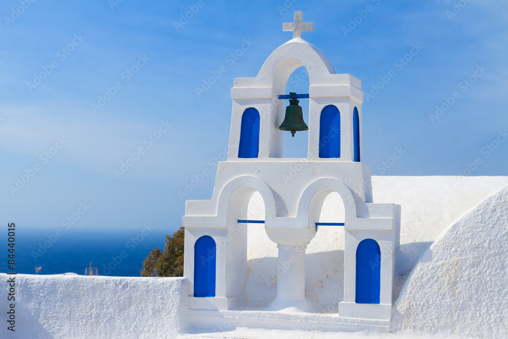 white with blue belfry, Santorini island, Greece white with blue belfry, Santorini island, Greece