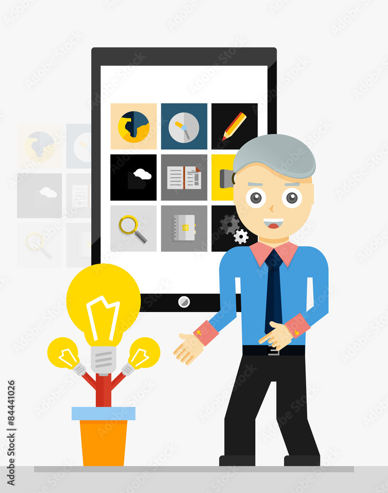 Mobile app startup idea. Young businessman showing growing plant Mobile app startup idea. Young businessman showing growing plant