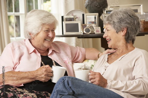 Two Retired Senior Female Friends Sitting On Sofa Drinking Tea At Home photo