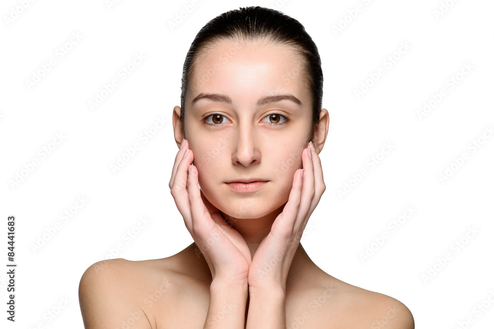 Portrait of beautiful girl stroking her face with healthy skin Portrait of beautiful girl stroking her face with healthy skin