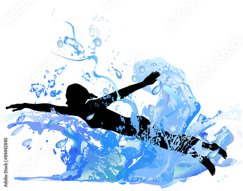 Silhouette of a girl swimming in the waves