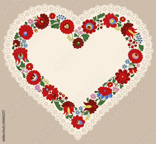 Hungarian embroidery heart frame with lace edge