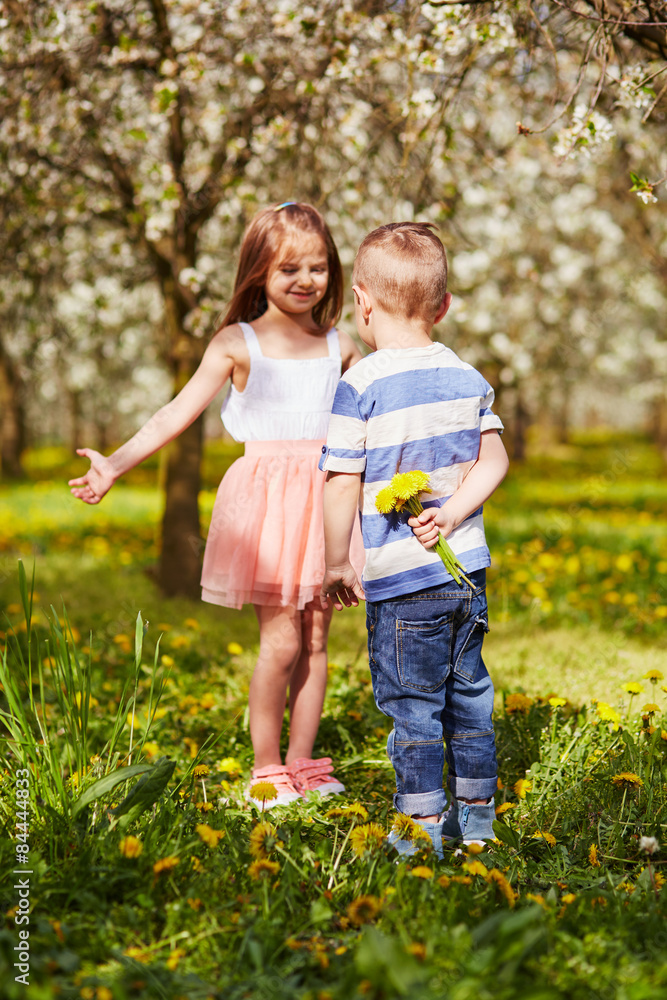 Foto Stock Boy giving a girl a flower Adobe Stock