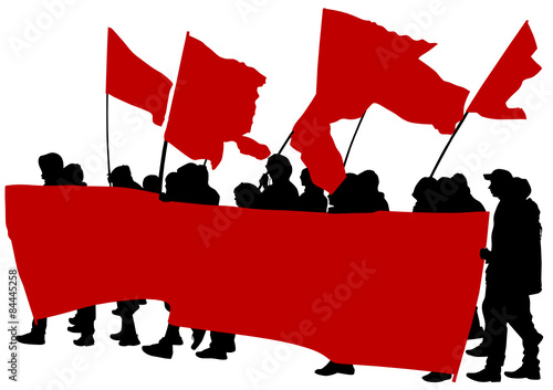 People of anarchia with large flags on white background