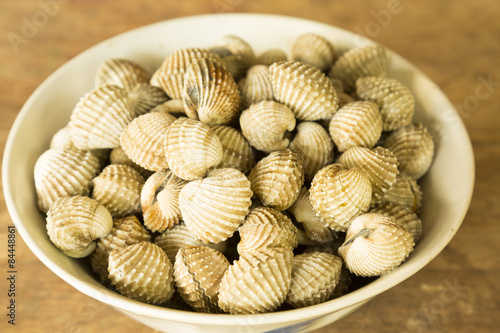 Blood cockle or Anadara granosa or blood clam in a white bowl