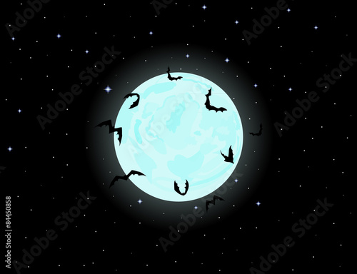 Halloween vector background with starry sky, full moon, bats