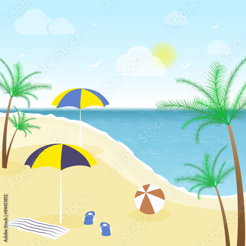 Summer background, beach, sea, clouds and palm trees