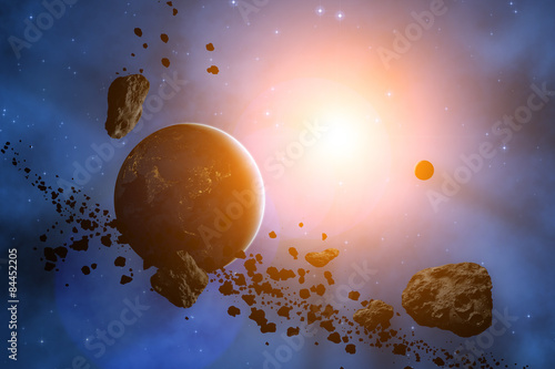 Fototapeta Naklejka Na Ścianę i Meble -  Asteroids with Earth and starry background. Digital illustration.