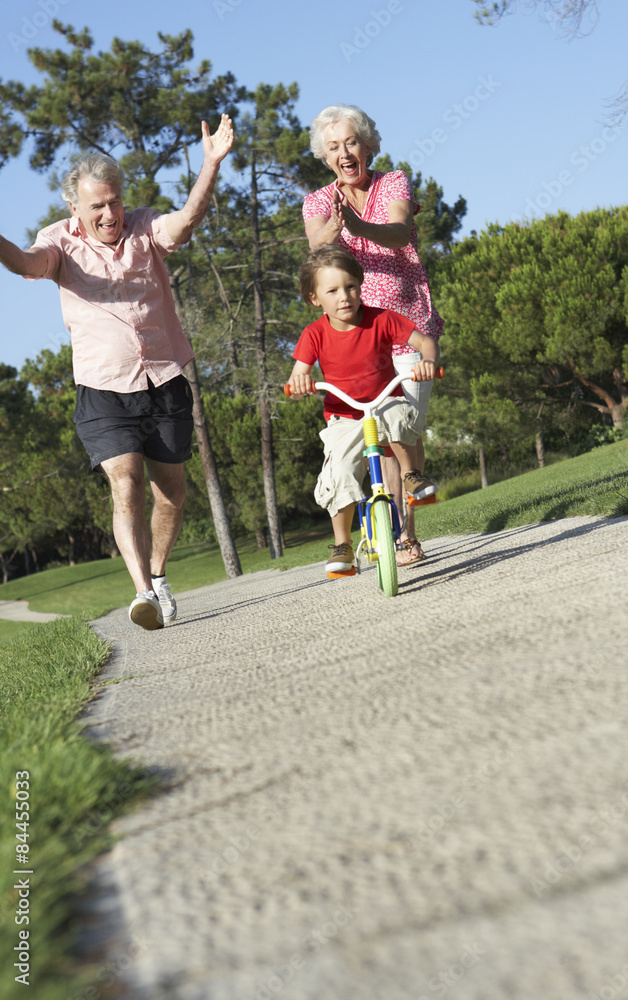 Fototapeta premium Grandparents Teaching Grandson To Ride Bike In Park