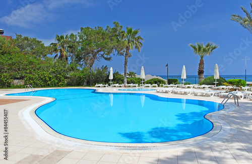 Swimming pool area near Mediterranean Sea in Antalya  Turkey