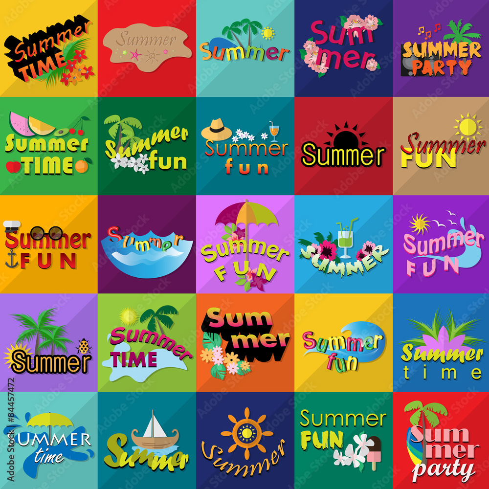 Fototapeta premium Summer Flat Icons Set: Vector Illustration, Graphic Design. Collection Of Colorful Icons. For Web, Websites, Print, Presentation Templates, Mobile Applications And Promotional Materials