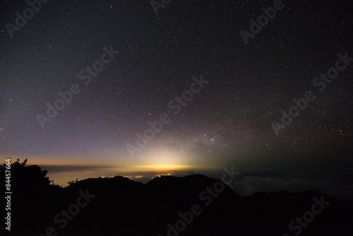 Landscape star and sunrise at the peak mountain
