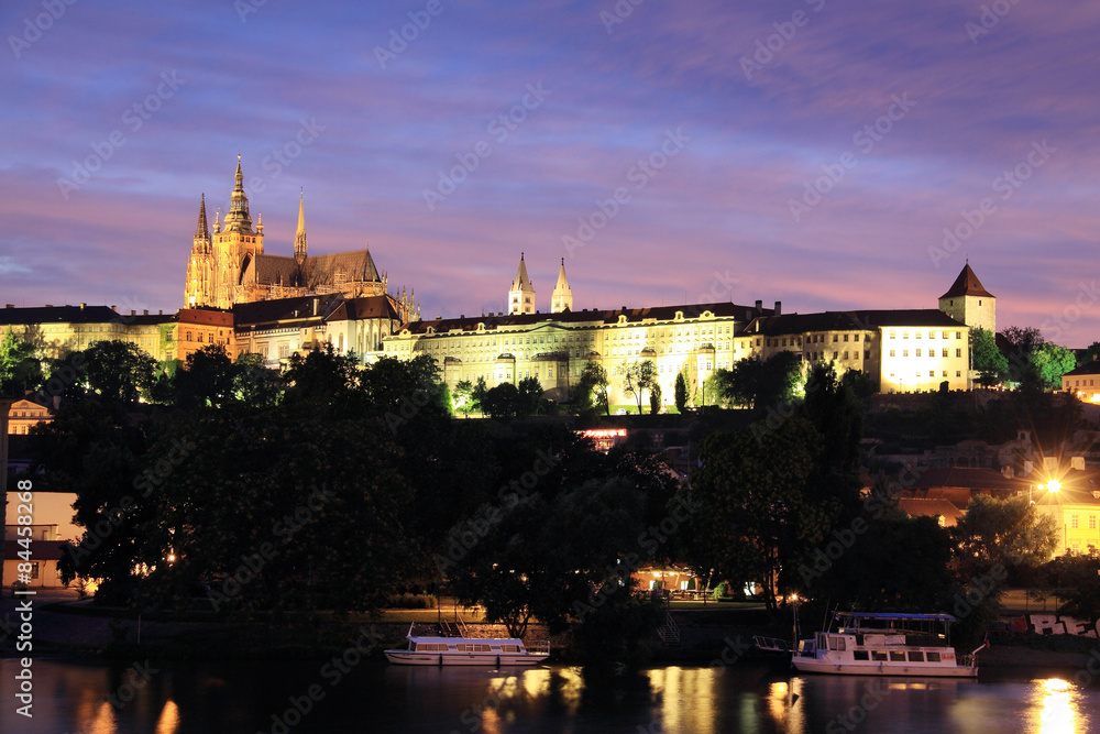 Fototapeta premium Night Prague gothic Castle above River Vltava, Czech Republic