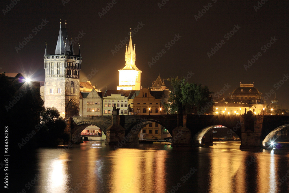 Night View on bright Prague Old Town, Czech Republic