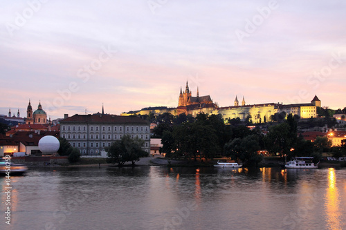 Night Prague gothic Castle above River Vltava, Czech Republic