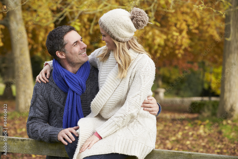 Fototapeta premium Romantic Couple Sitting On Fence In Autumn Woodland