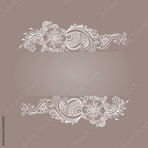 Floral ornament Mehndi Henna Tattoo white. Vintage banner frame