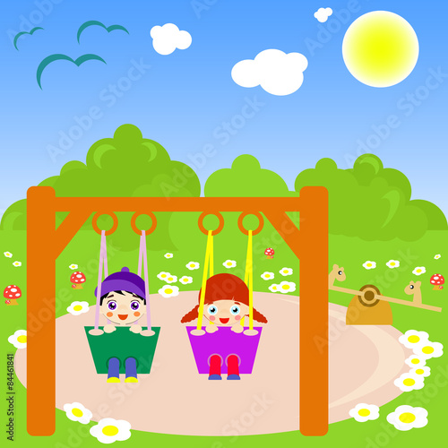 Illustration of happy children swinging on the play ground.