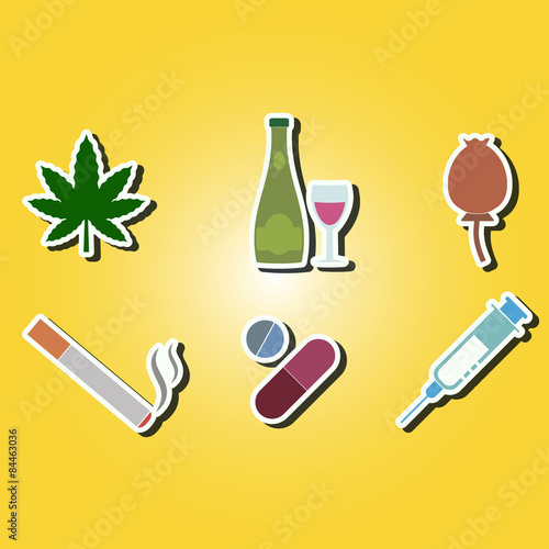 set of color icons with symbols of drug addiction  