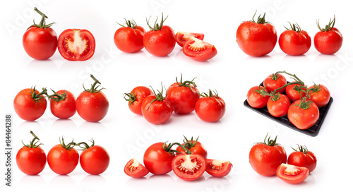 composite of fresh tomatoes isolated on white background
