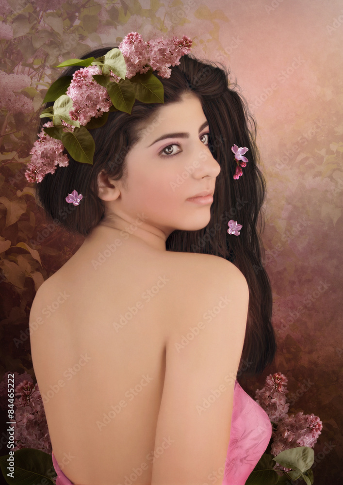 Naklejka premium Young girl with long hair, with wreath of lilac on his head