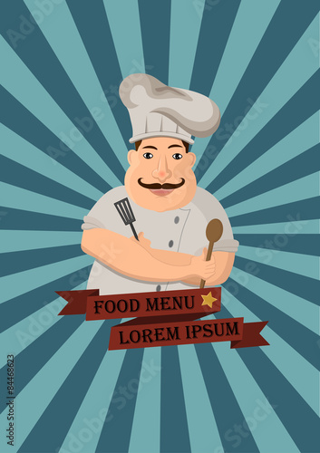 Chef charater holding flipper and ladle decorated menu or Poster restaurant