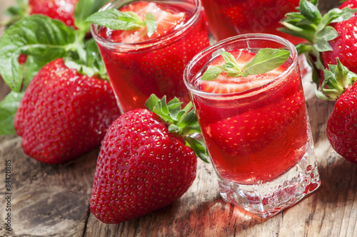 Fresh strawberry juice, selective focus