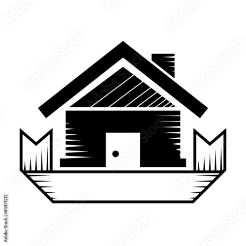 House symbol with ribbon. Realty sign in black-and-white color