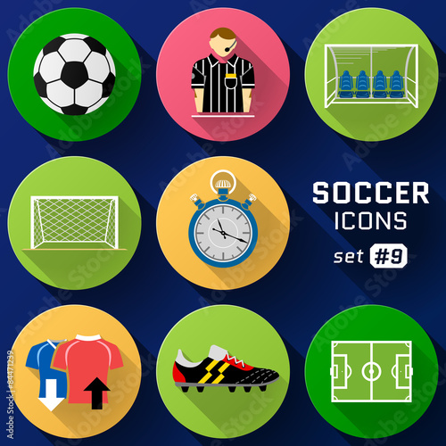 Color flat icon set of soccer elements. Pack of football symbols