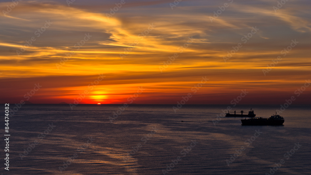 Aerial view of sunrise at Palermo harbor, Sicily, Italy