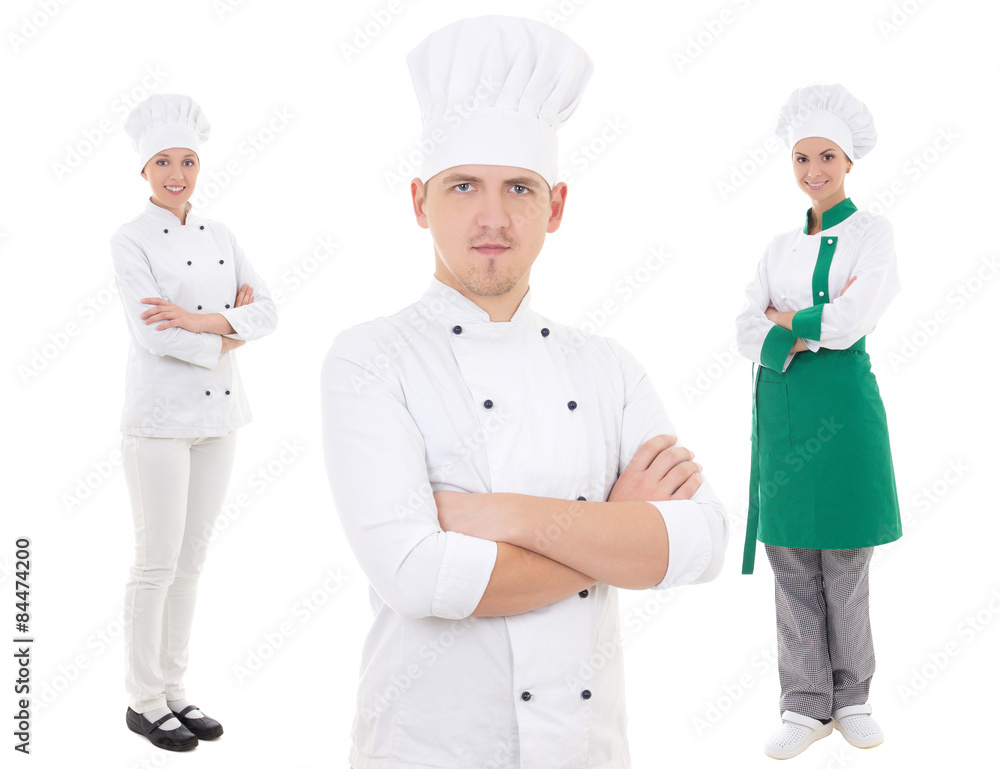 team work concept - two women and one man chefs isolated on whit