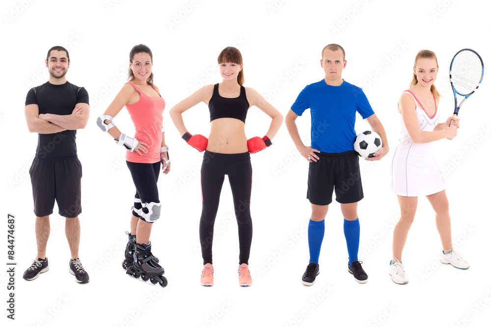different sports concept - young people in spotswear over white different sports concept - young people in spotswear over white