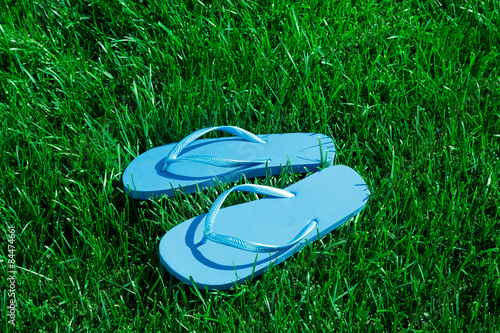 Closeup of flip flops on green grass