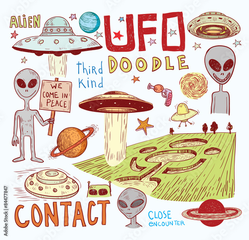 Set of alien and ufo icon, hand drawn vector illustration.