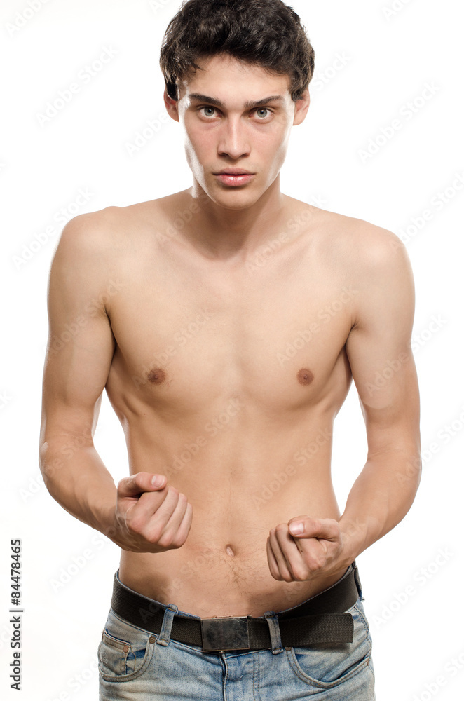 Skinny young man posing, anorexic look, slim body Stock Photo