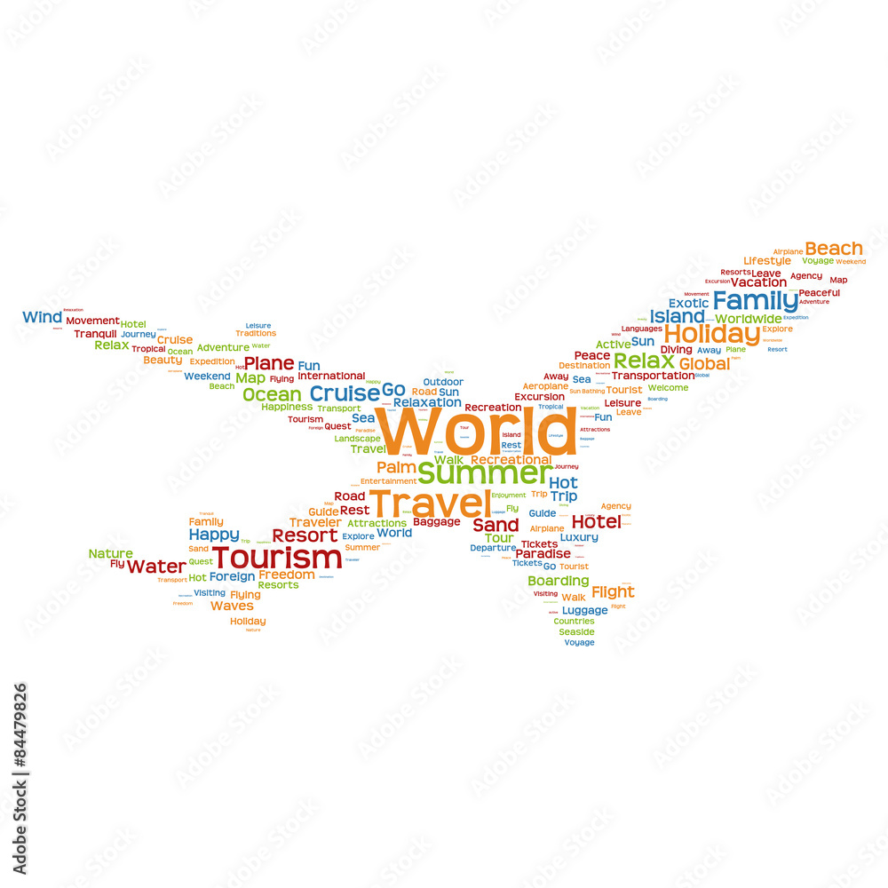 Conceptual world travel or tourism plane word claud