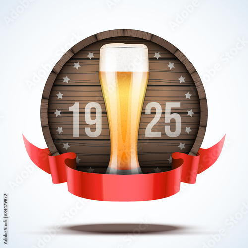 Label Beer barrel keg with beer glass and ribbon