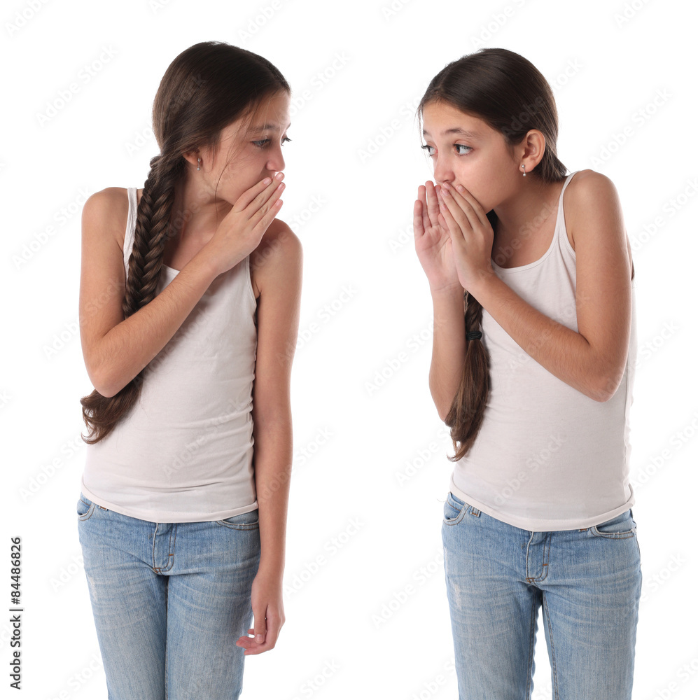 Collage of a young girl whispering. Isolated on white background Collage of a young girl whispering. Isolated on white background