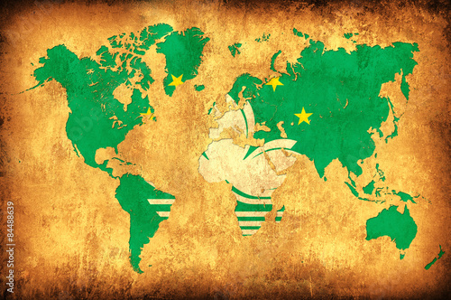 The flag of Macau in the outline of the world map