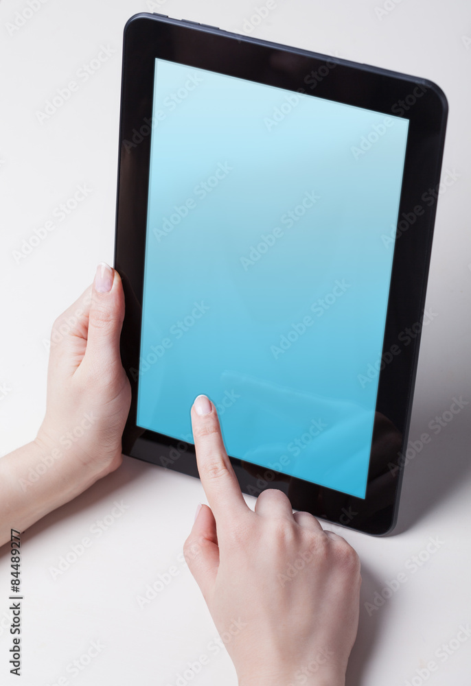 tablet pc with a blank screen in the hands. Business, technology tablet pc with a blank screen in the hands. Business, technology