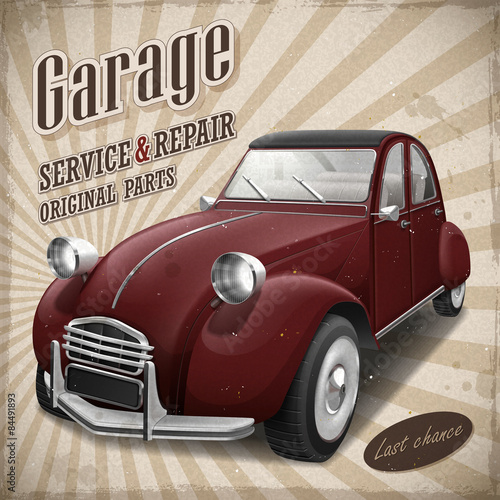 attractive retro red car in poster