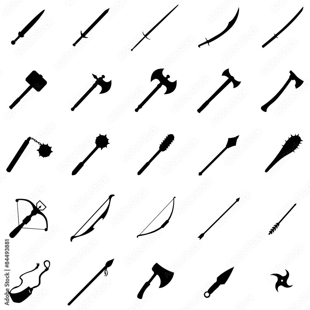 Vector set of 25 medieval weapon icons - obrazy, fototapety, plakaty 