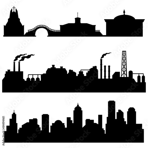 vector set of city silhouettes - cultural, industrial and urban buildings photo