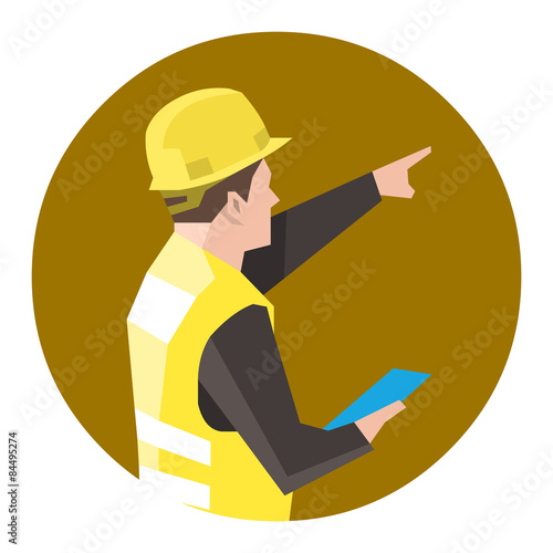 Construction worker holding a clipboard pointing at something