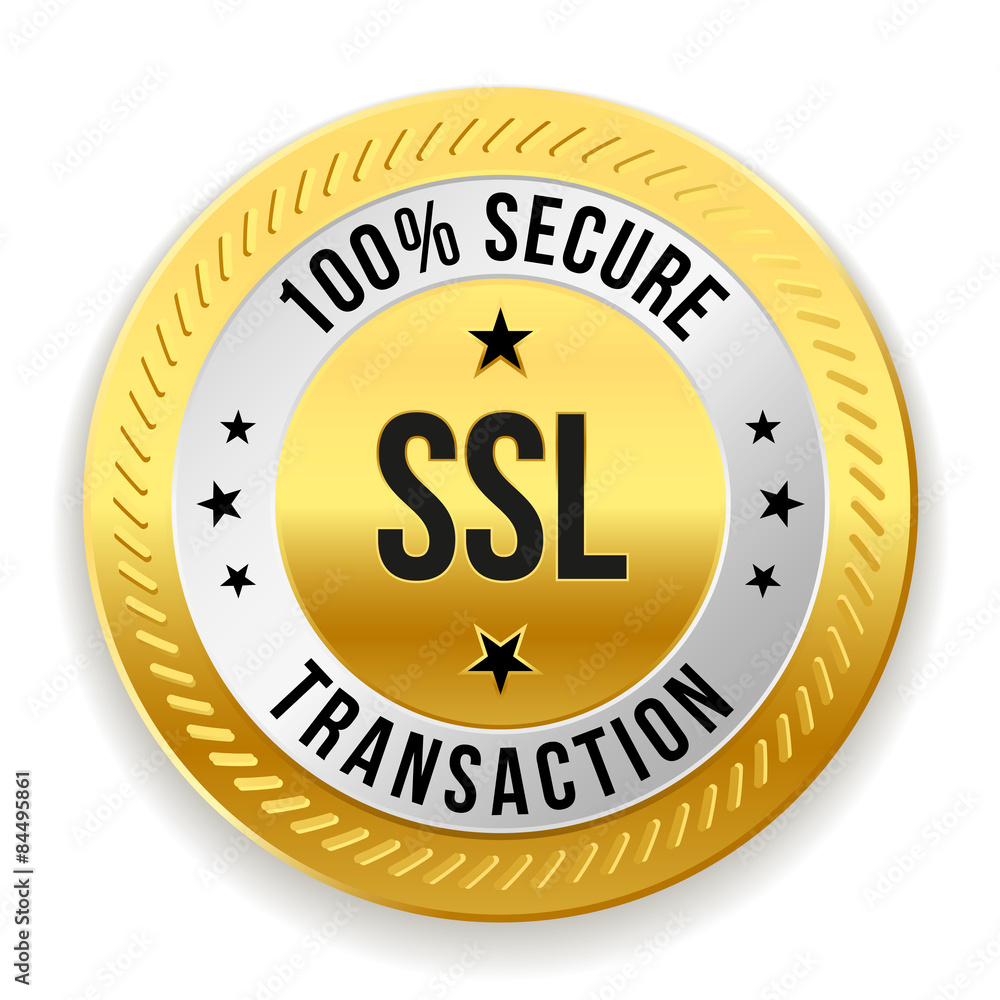 Gold ssl secure transaction badge on white background