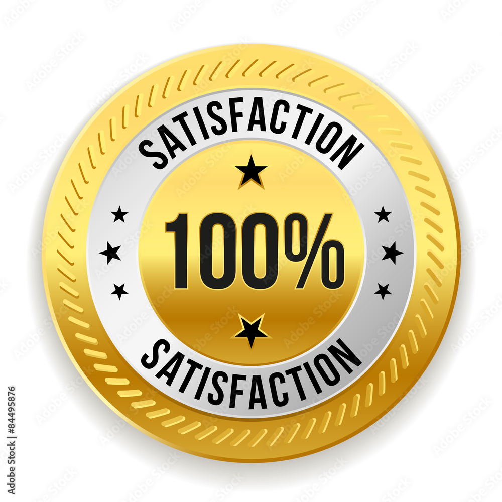 Gold 100 percent satisfaction badge on white background