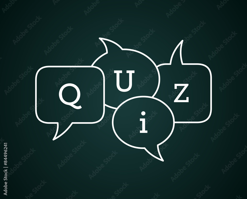 Quiz text in speech bubbles on chalkboard Quiz text in speech bubbles on chalkboard