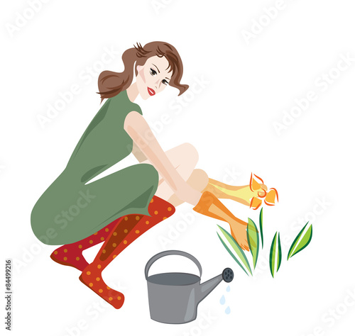 Illustration of a Beautiful Woman Working in Her Flower Garden