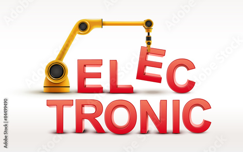 industrial robotic arm building ELECTRONIC word