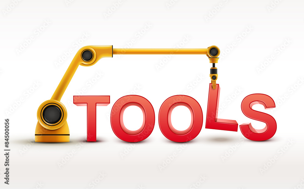 Fotografie industrial robotic arm building TOOLS word